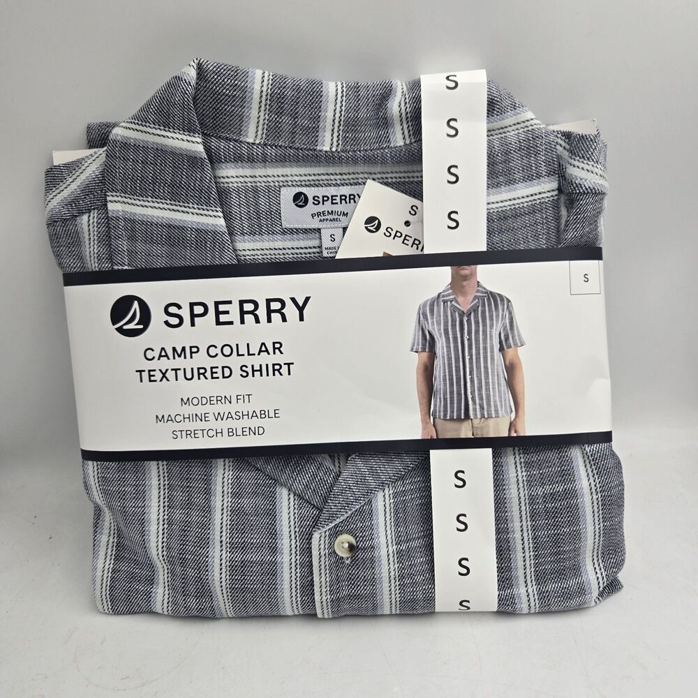 Sperry Mens Camp Collar Shirt Small Navy White Striped Short Sleeve NWT